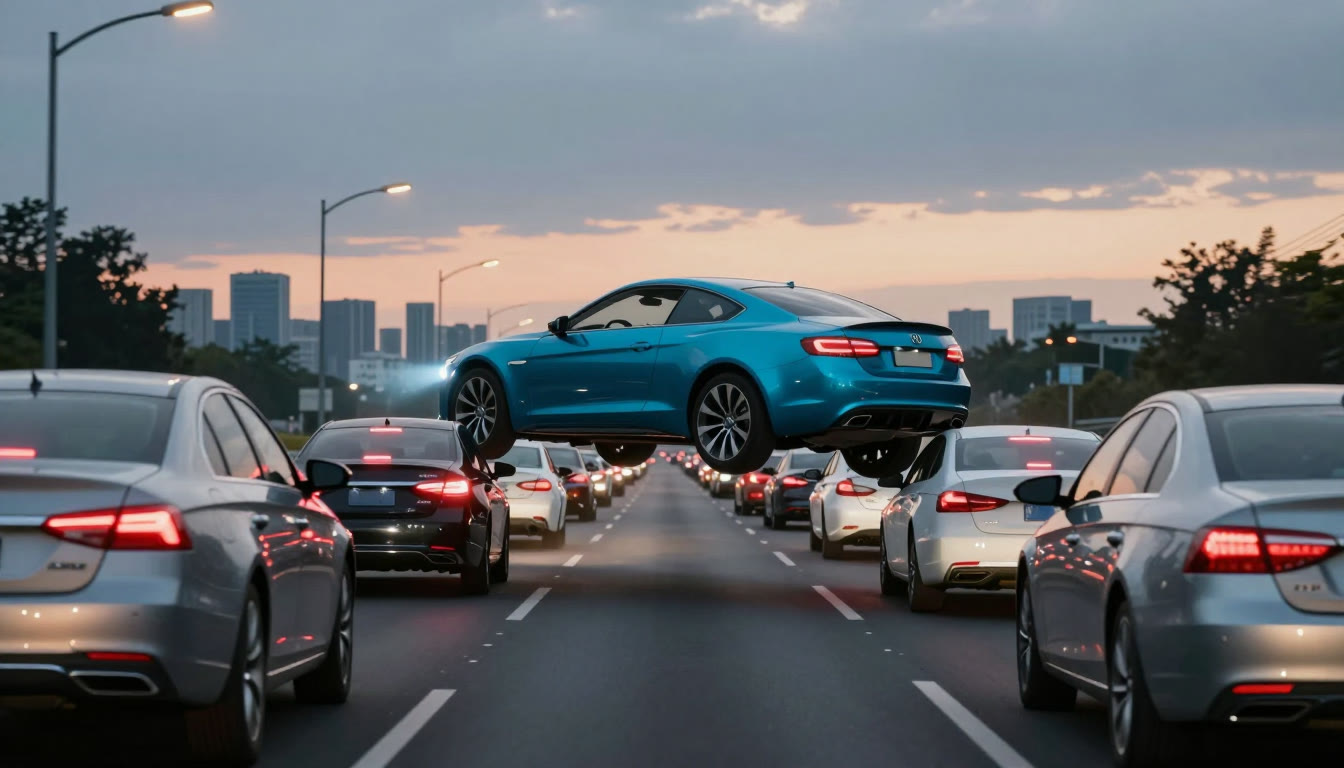 Night expressway with a car lifting off above the queue of traffic